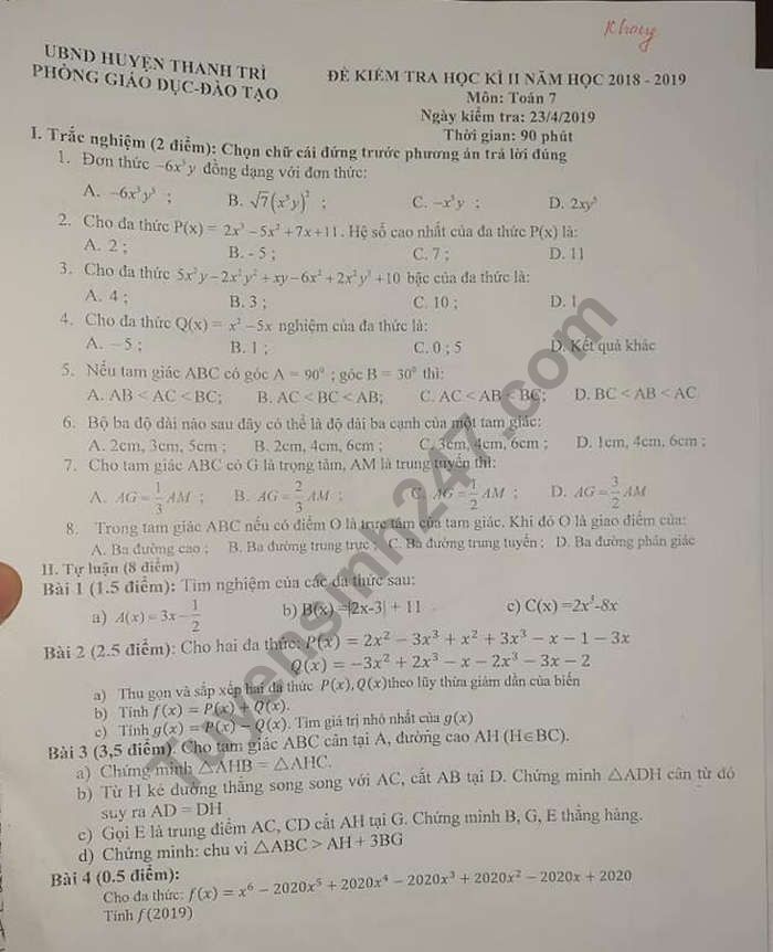 De thi hoc ki 2 mon Toan lop 7 - Huyen Thanh Tri 2019