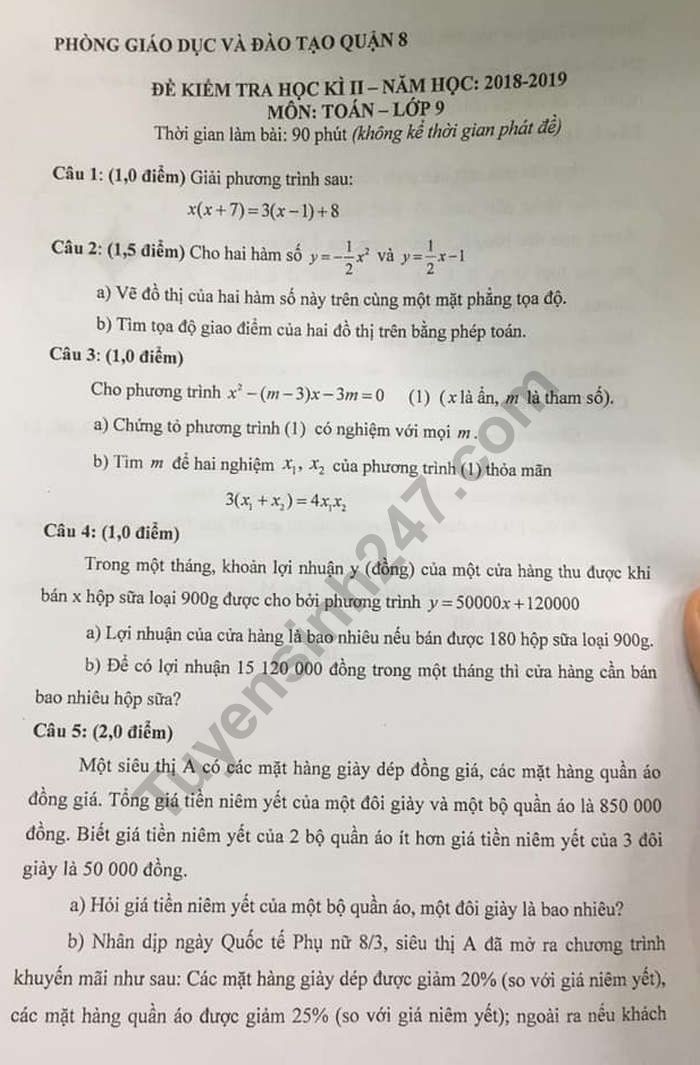 De thi hoc ki 2 mon Toan lop 9 - Quan 8 nam 2019