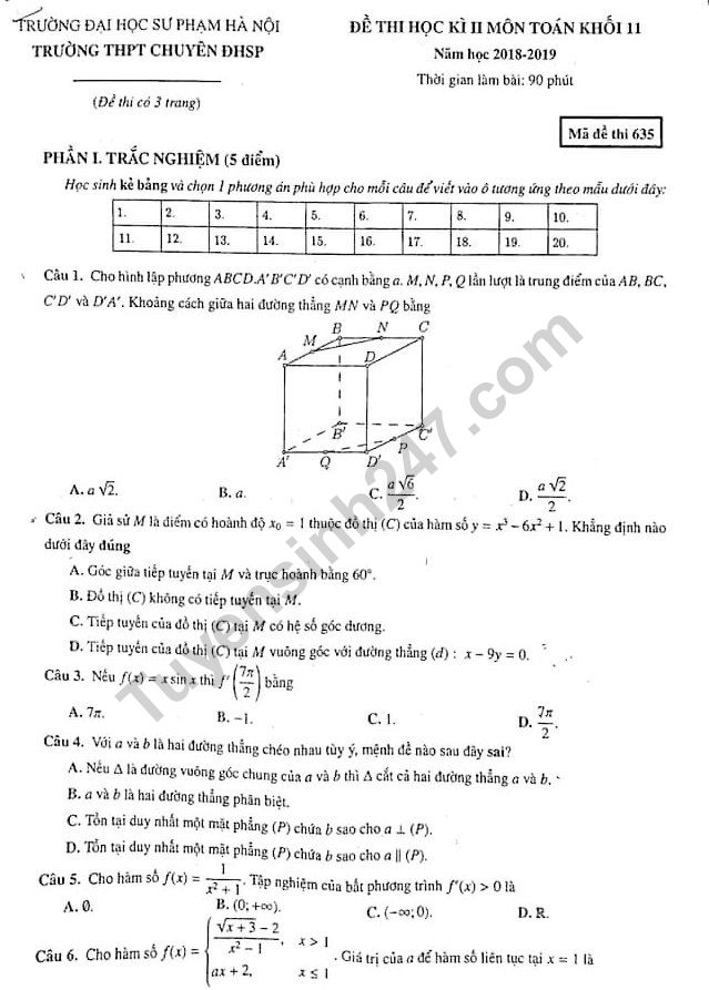 De thi ki 2 lop 11 mon Toan 2019 - THPT Chuyen DH Su pham HN