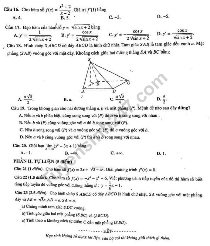 De thi ki 2 lop 11 mon Toan 2019 - THPT Chuyen DH Su pham HN