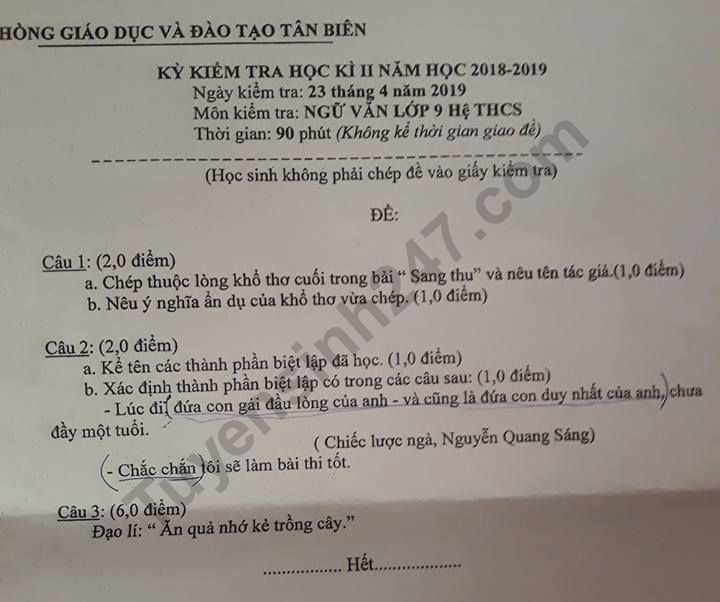 De thi ki 2 mon Van lop 9 - Phong GD Tan Bien 2019