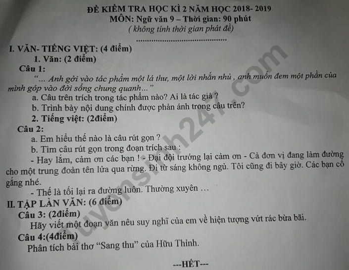 De thi ki 2 lop 9 mon Van - Tay Ninh 2019