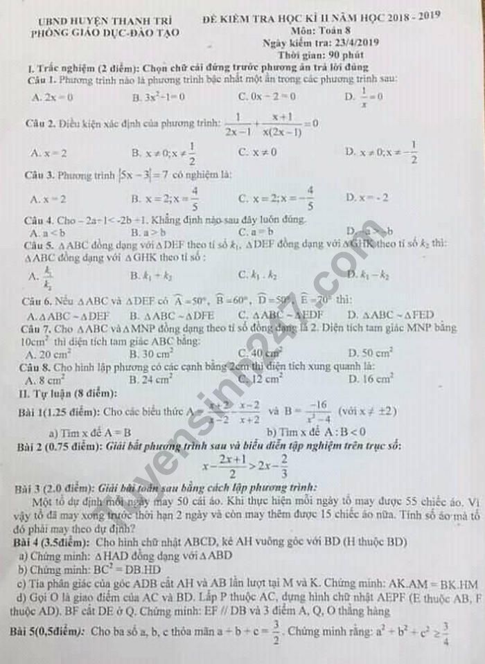 De thi hoc ki 2 mon Toan lop 8 - Huyen Thanh Tri nam 2019