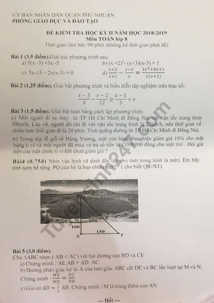 De thi hoc ki 2 lop 8 mon Toan - Quan Phu Nhuan 2019