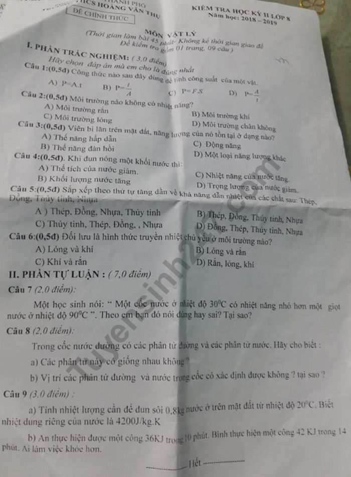De thi hoc ki 2 mon Ly lop 8 - THCS Hoang Van Thu 2019