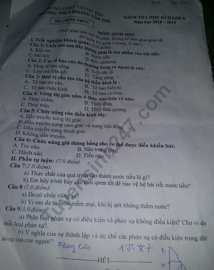 De thi hoc ki 2 mon Sinh lop 8 - THCS Hoang Van Thu 2019