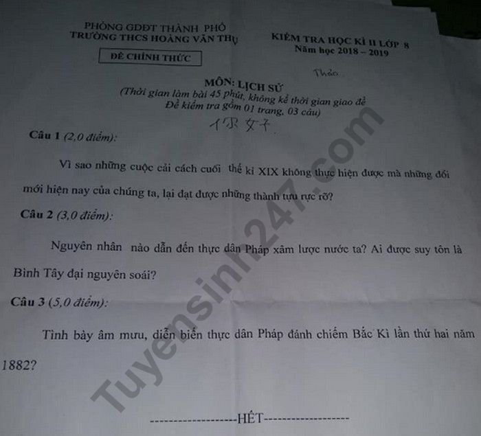 De thi hoc ki 2 mon Su lop 8 - THCS Hoang Van Thu 2019