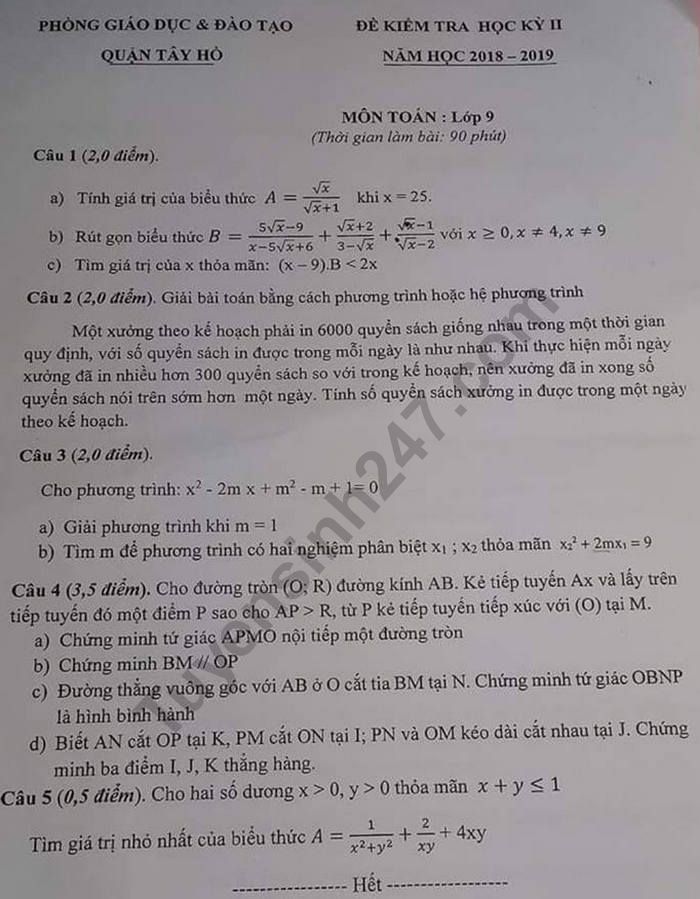 De thi hoc ki 2 lop 9 mon Toan - Quan Tay Ho 2019