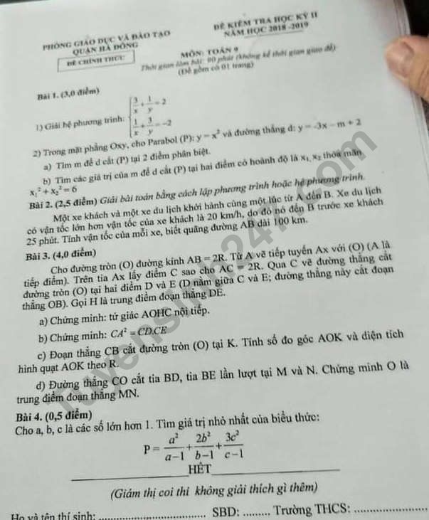 De kiem tra ki 2 lop 9 mon Toan Quan Ha Dong 2019