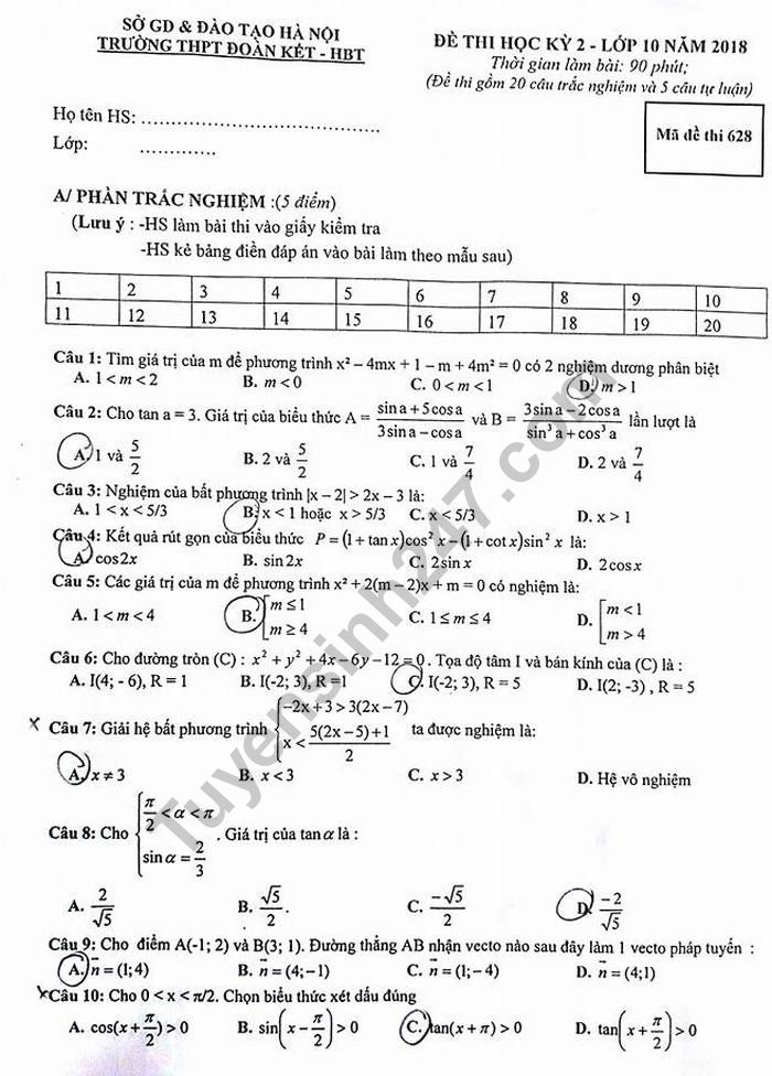 De thi hoc ki 2 mon Toan lop 10 - THPT Doan Ket 2018
