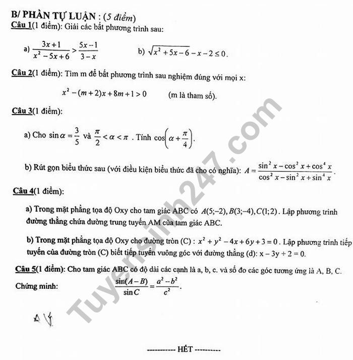 De thi hoc ki 2 mon Toan lop 10 - THPT Doan Ket 2018