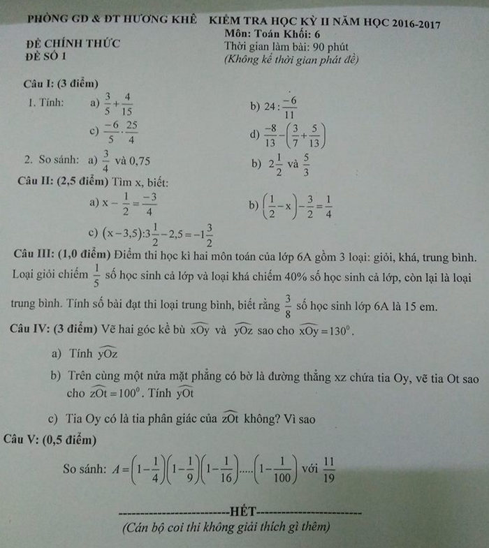 De thi hoc ki 2 mon Toan lop 6 - Phong GD Huong Khe 2019