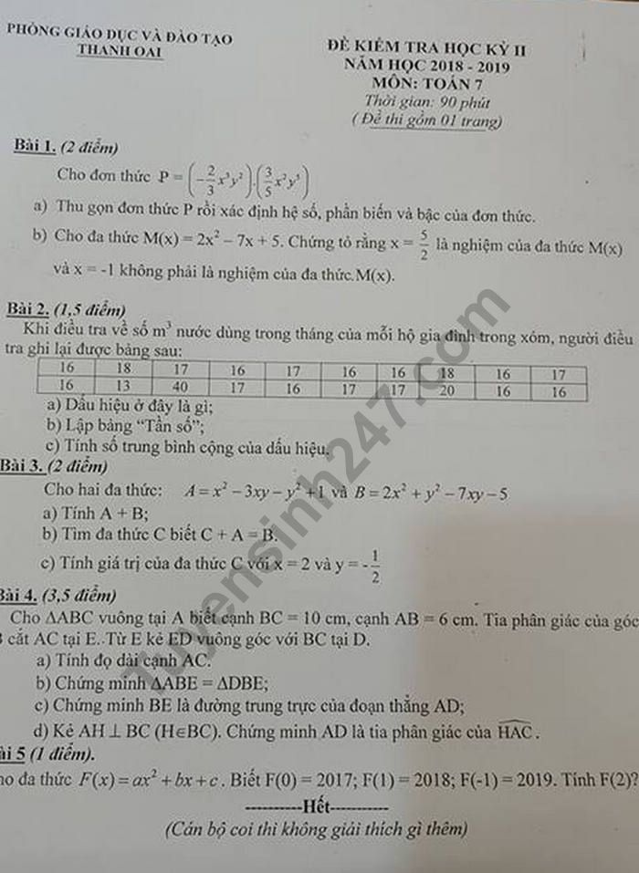 De thi hoc ki 2 lop 7 mon Toan - Phong GD Thanh Oai 2019