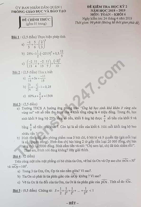 De thi mon Toan lop 6 hoc ki 2 - Quan 1 nam 2019