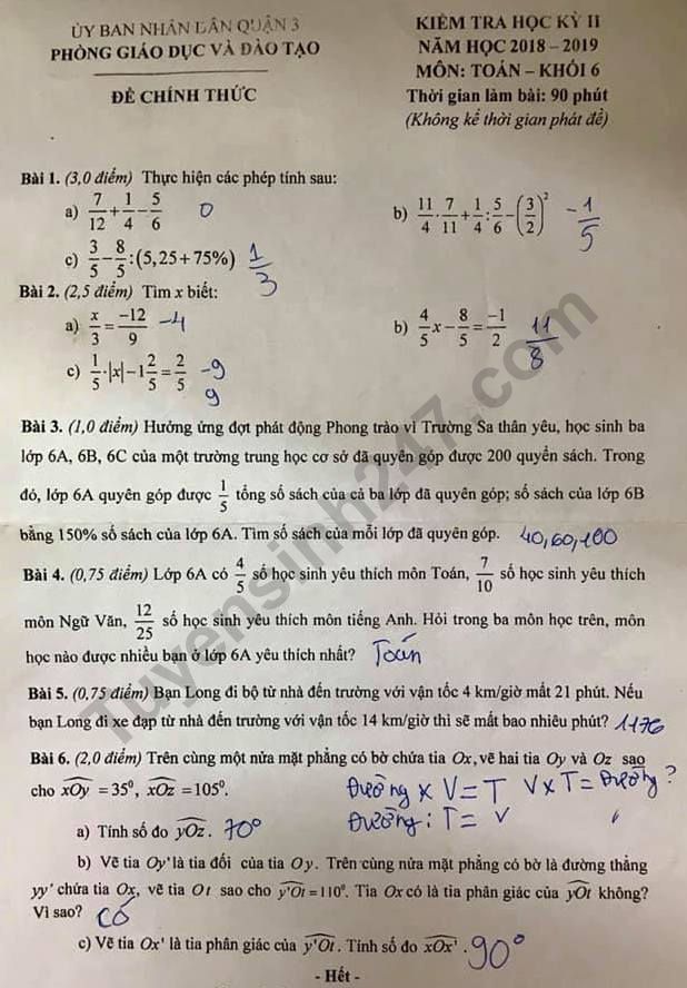 De thi ki 2 mon Toan lop 6 nam 2019 - Quan 3