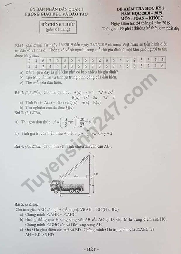De thi ki 2 lop 7 mon Toan Quan 1 nam 2019