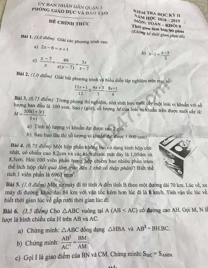 De thi mon Toan lop 8 ki 2 - Quan 3 nam 2019