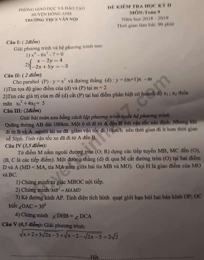 De thi ki 2 lop 9 mon Toan 2019 THCS Van Noi
