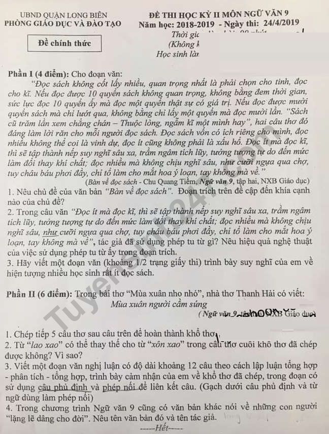 De thi ki 2 mon Van lop 9 - Quan Long Bien 2019