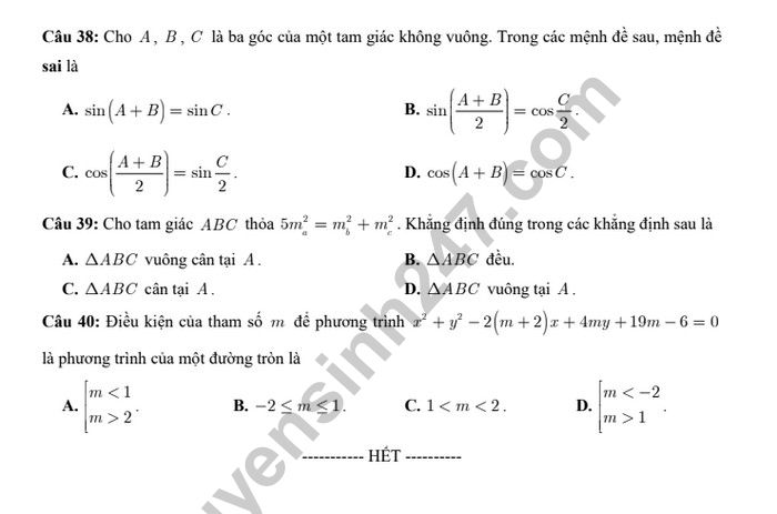 De thi hoc ki 2 lop 10 mon Toan - THPT Ly Thuong Kiet 2019