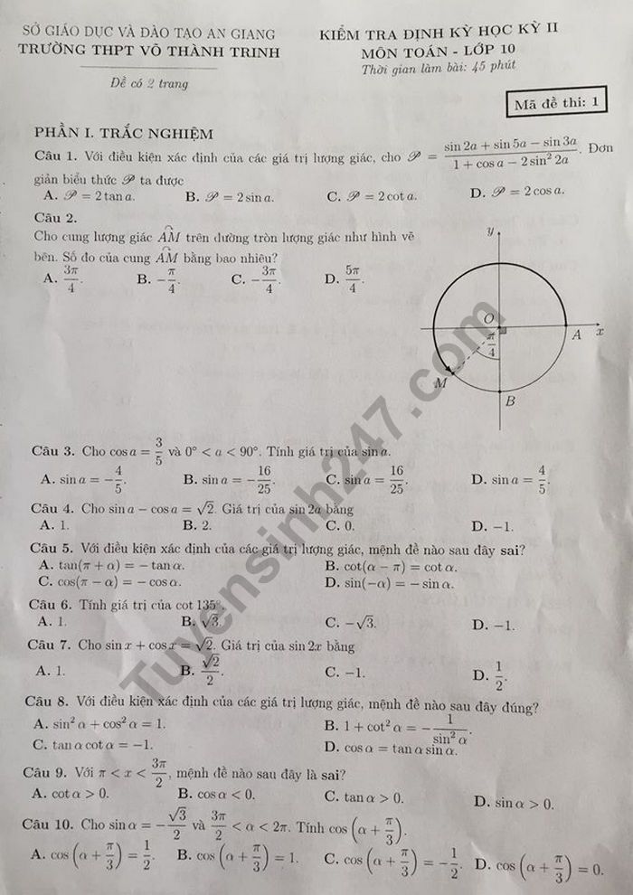 De thi hoc ki 2 mon Toan lop 10 - THPT Vo Thanh Trinh 2019