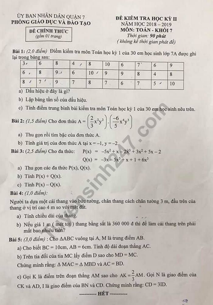 De thi hoc ki 2 mon Toan lop 7 - Quan 7 nam 2019