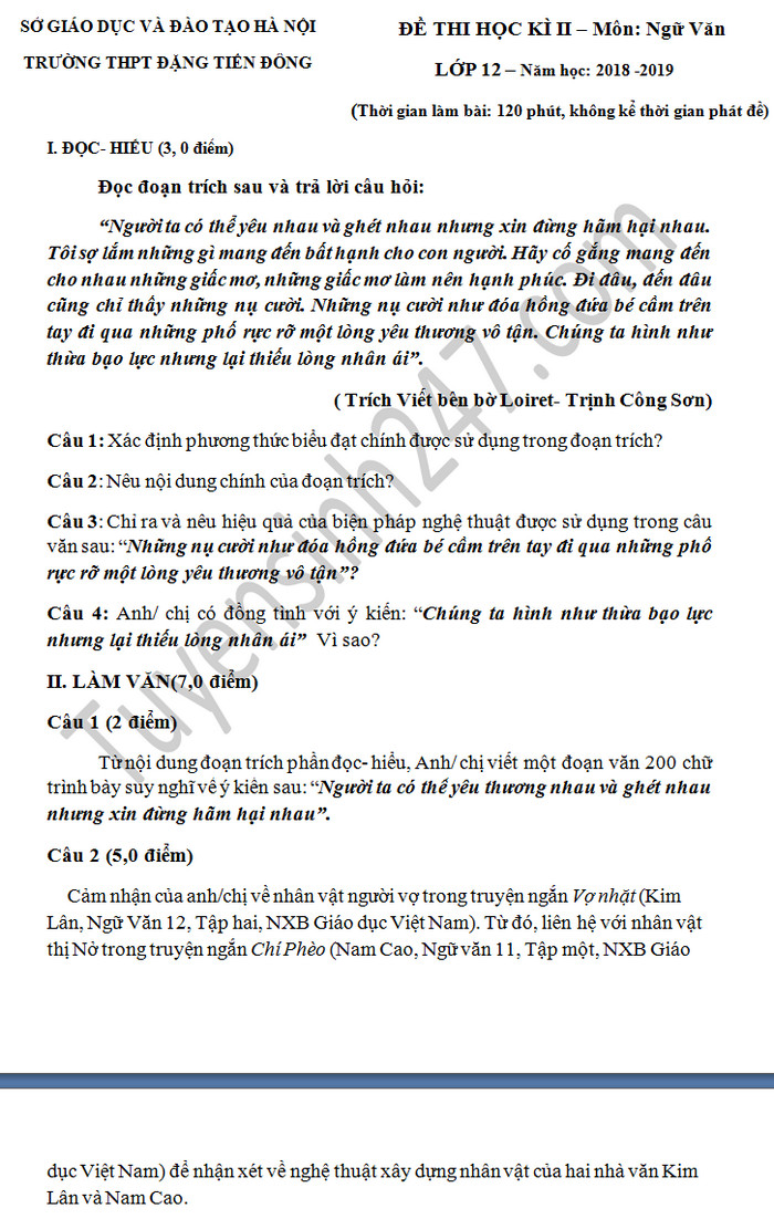 De hoc ki 2 mon Van lop 12 - THPT Dang Tien Dong 2019