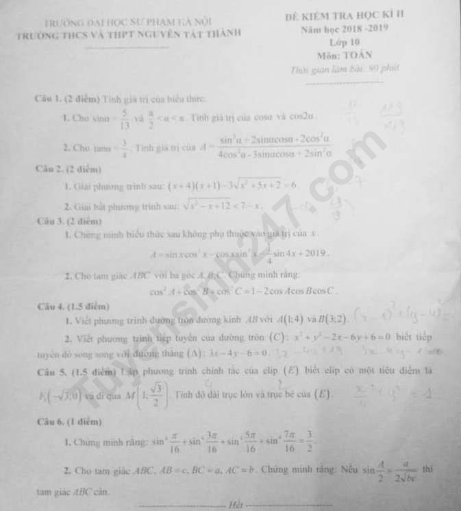 De thi ki 2 lop 10 mon Toan 2019 - THPT Nguyen Tat Thanh