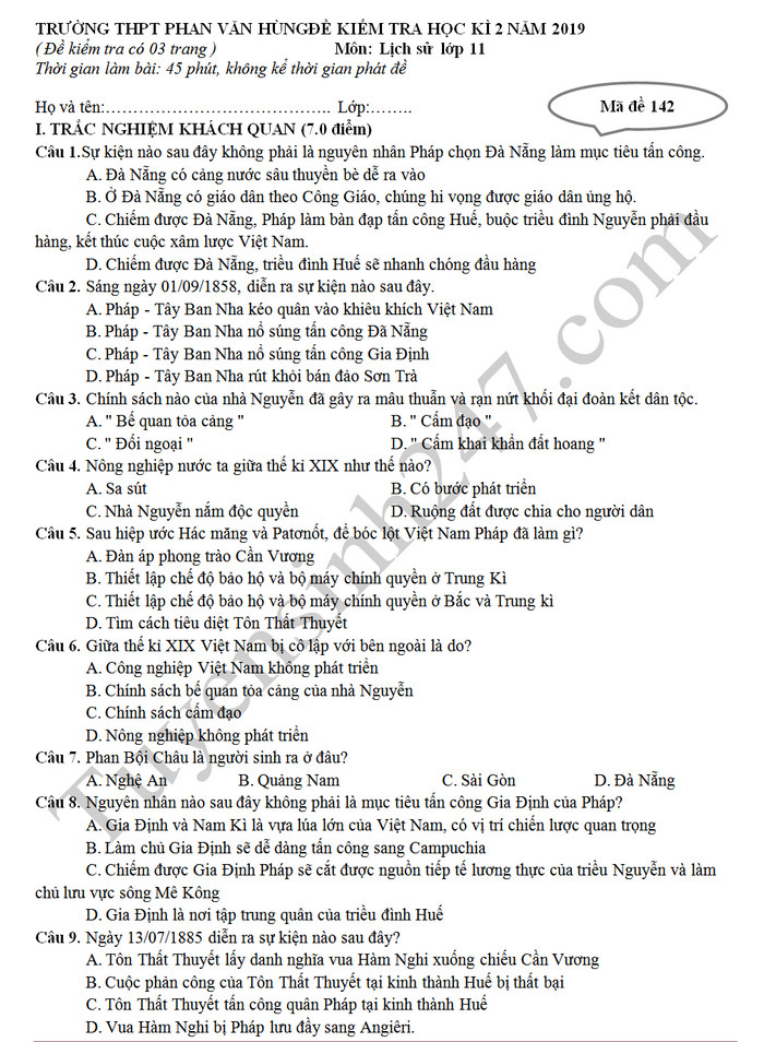 De thi hoc ki 2 mon Su lop 11 - THPT Phan Van Hung 2019