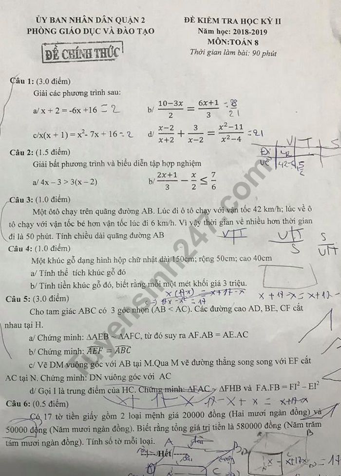 De thi ki 2 lop 8 mon Toan - Quan 2 nam 2019