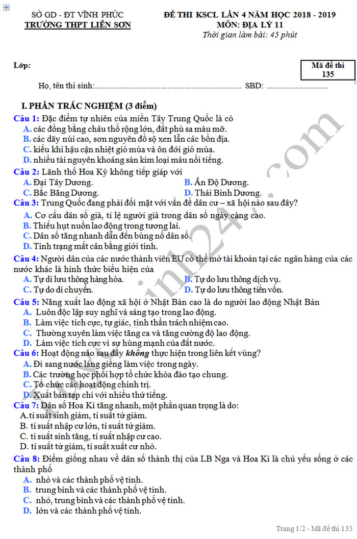 De thi hoc ki 2 lop 11 mon Dia - THPT Lien Son 2019