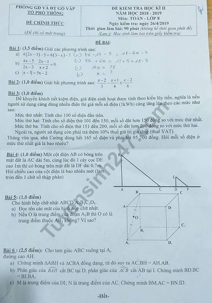 De thi hoc ki 2 mon Toan lop 8 - Quan Go Vap 2019