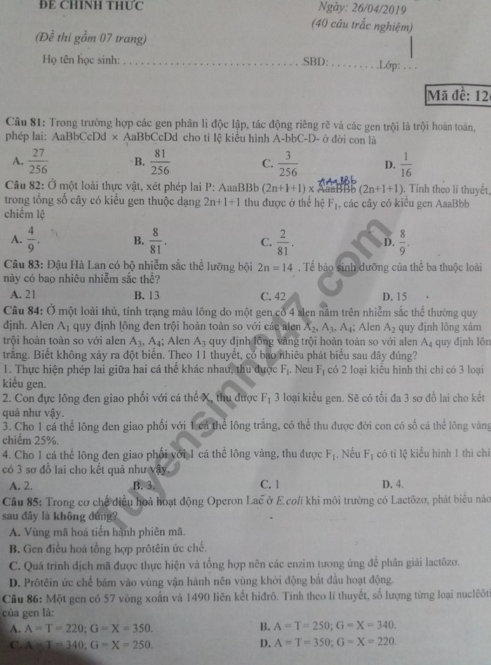 De thi thu THPTQG 2019 mon Sinh - Chuyen Nguyen Quang Dieu lan 2