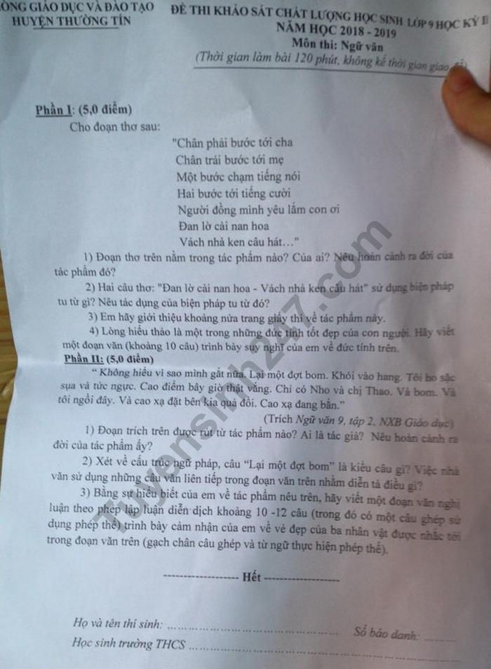 De thi mon Van ki 2 lop 9  Huyen Thuong Tin nam 2019