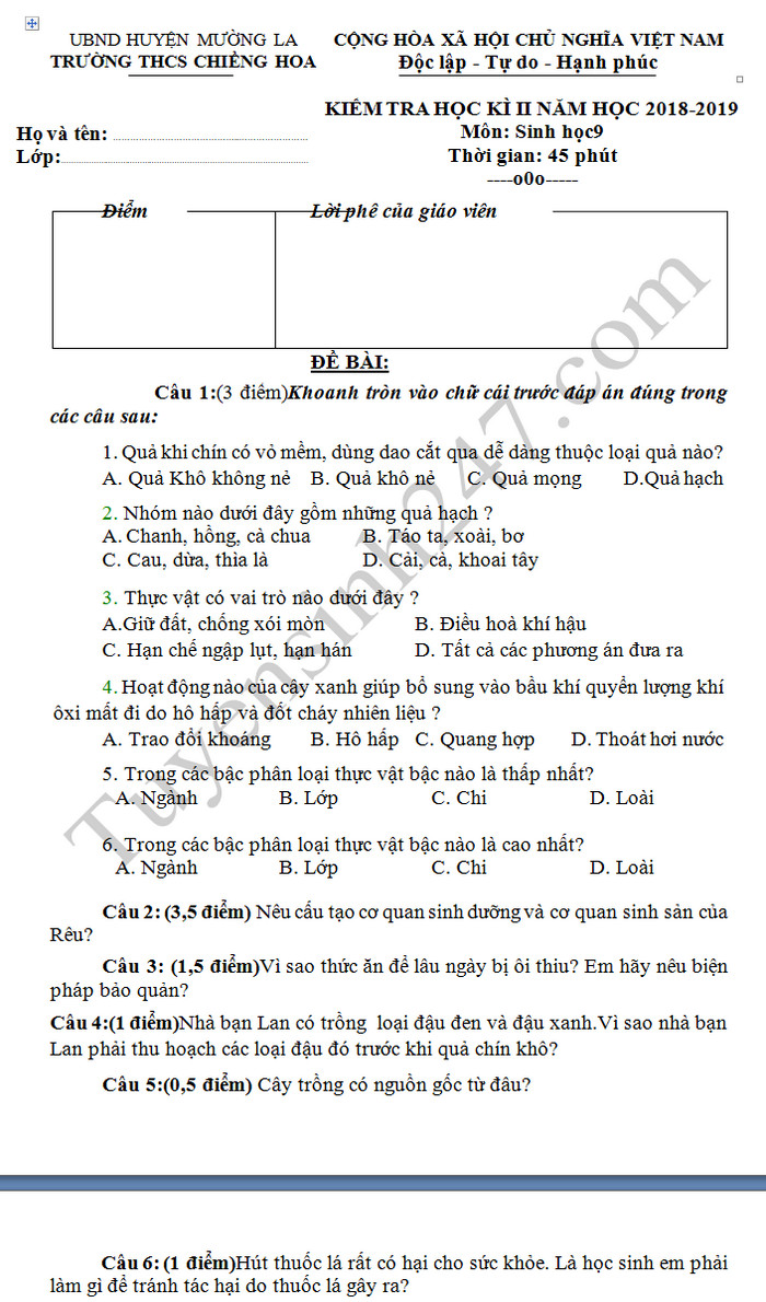 De thi mon Sinh ki 2 lop 9 truong THCS Chieng Hoa nam 2019