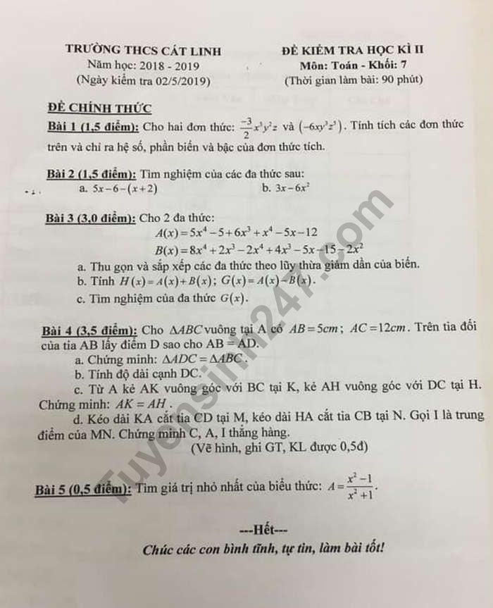 De thi hoc ki 2 mon Toan lop 7 - THCS Cat Linh 2019