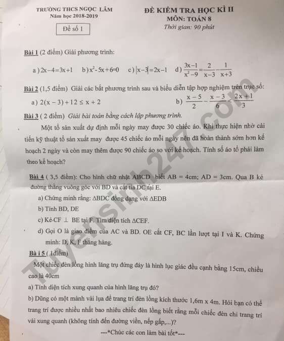 De thi ki 2 lop 8 mon Toan 2019 - THCS Ngoc Lam