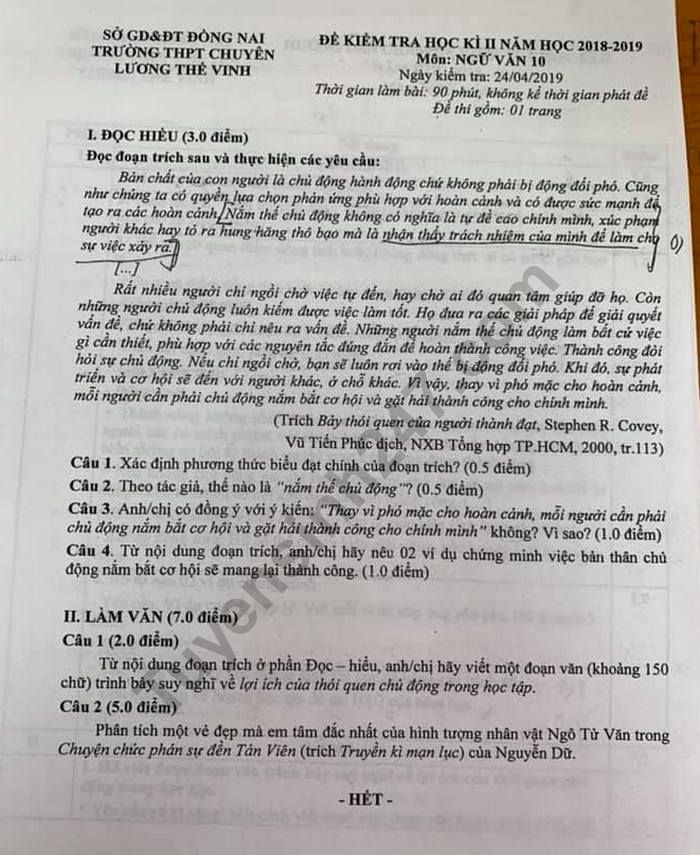 De thi lop 10 ki 2 mon Van - THPT Chuyen Luong The Vinh 2019