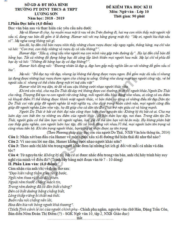 De thi hoc ki 2 lop 10 mon Van - THPT Luong Son 2019