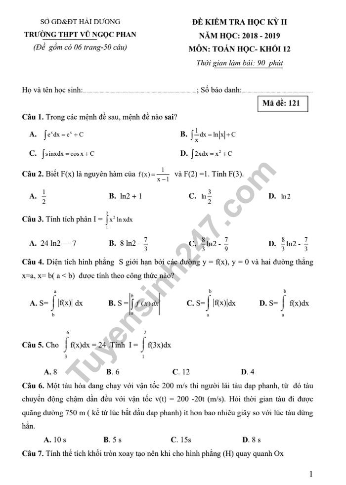 De thi mon Toan ki 2 lop 12 - THPT Vu Ngoc Phan nam 2019