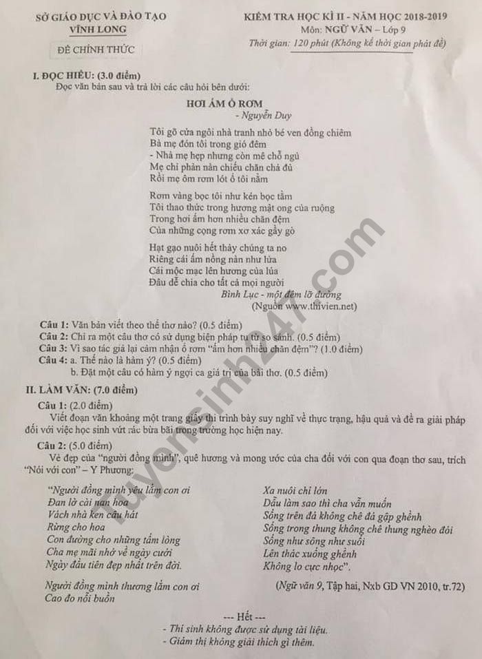De mon Van ki 2 lop 9 - So GD Vinh Long nam 2019