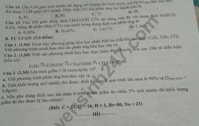 De thi hoc ki 2 lop 9 mon Hoa - So GD Quang Nam nam 2019