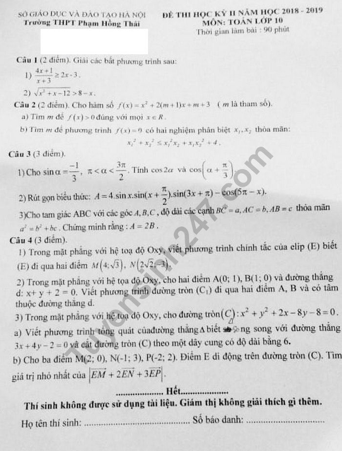 De thi hoc ki 2 mon Toan lop 10 - THPT Pham Hong Thai 2019