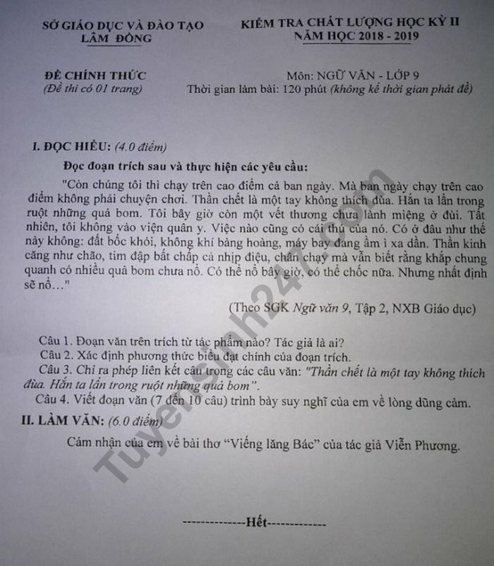 De thi hoc ki 2 mon Van lop 9 - So GD Lam Dong 2019