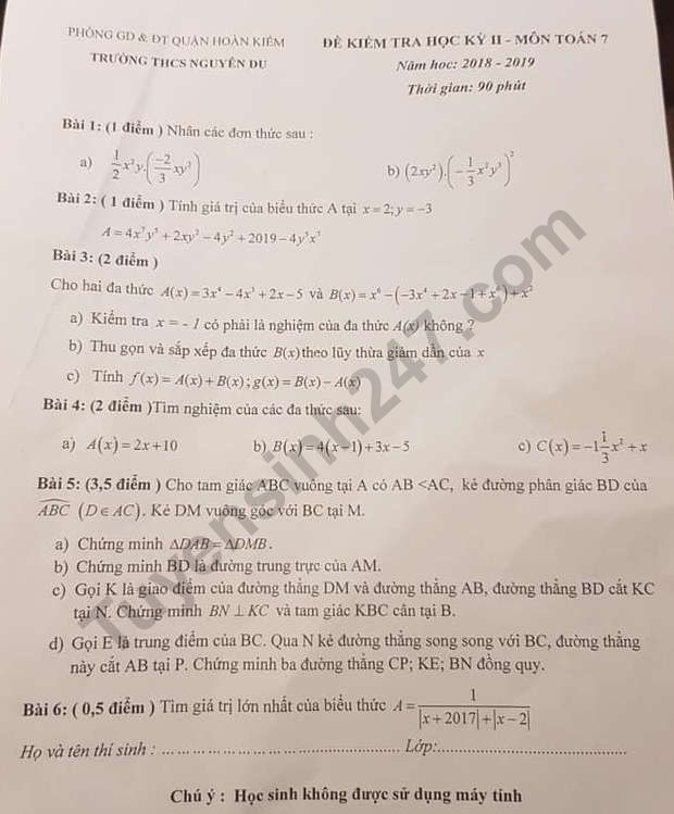 De thi 2 lop 7 mon Toan THCS Nguyen Du 2019