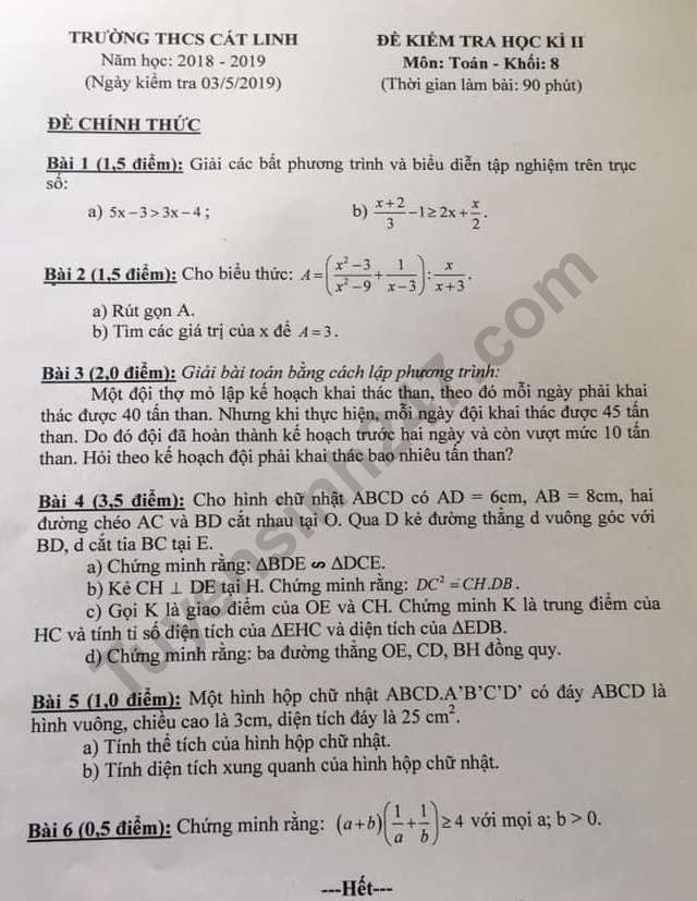 De thi ki 2 lop 8 mon Toan THCS Cat Linh 2019
