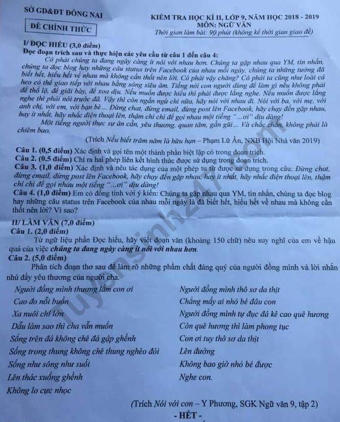 De thi ki 2 mon Van lop 9 - So GD Dong Nai 2019