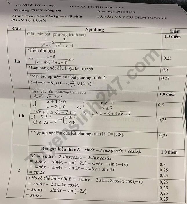 De thi ki 2 lop 10 mon Toan THPT Dong Da 2019 - Co dap an