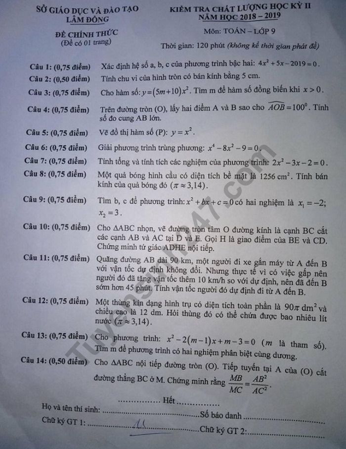 De thi hoc ki 2 lop 9 mon Toan - So GD Lam Dong 2019