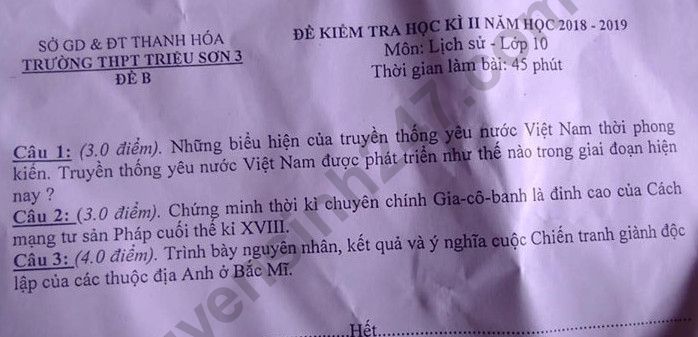 De thi ki 2 lop 10 mon Su - THPT Trieu Son 3 nam 2019